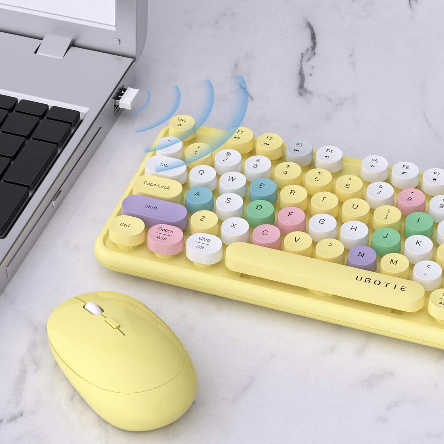 UBOTIE Colorful Computer Wireless Keyboard Mouse Combos, Typewriter Flexible Keys Office Full-Sized Keyboard, 2.4GHz Dropout-Free Connection and Optical Mouse (Yellow-Polychrome)
