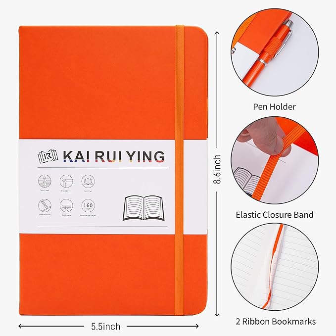 KaiRuiYing Lined Journal Notebook with Pen Holder, 160 Pages, 5.5'' × 8.6'' Medium Size A5-100 GSM Thick Paper, for Writing, Work, Office, Leather Hardcover