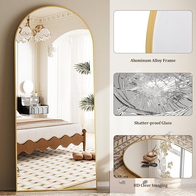 Oversized Full Body Mirror 35x78 inch Arched Full Length Mirror with Stand Aluminum Wall Mounted Hanging or Leaning Standing Mirrors,Gold