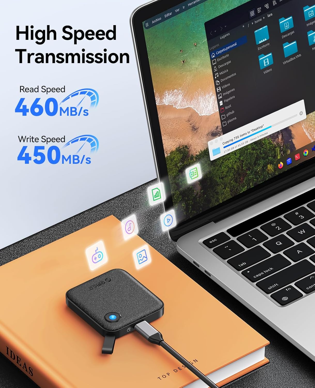 ORICO Portable SSD 256 GB with 2 in 1 USB C Cable, External Solid State Drives, Up to 460MB/s, Status Indicator, Reliable Storage for USB-C Smartphone, Tablet, PC - B5PLUS