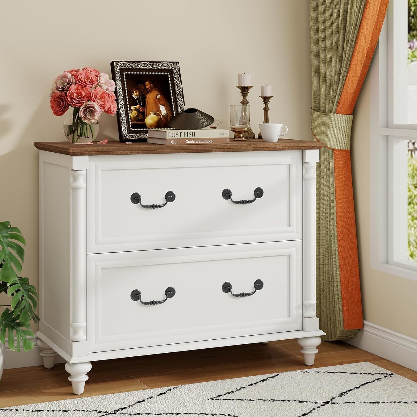 Lateral File Cabinet 2 Drawers Farmhouse File Cabinet Set of 2 for Letter/A4/Legal Size Hanging Files, Large Rustic White Storage Cabinets Printer Stand with 4 Solid Wood Feet &Column Decor for Office