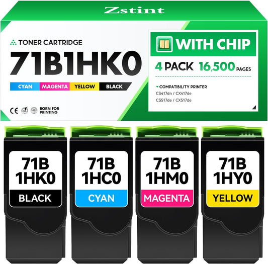 71B1HK0 71B1HC0 71B1HM0 71B1HY0 Toner Cartridge Set 4-Pack Black Cyan Magenta Yellow with chip Replacement Compatible with Lexmark CS417dn CX417de CS517de CX517de Color Laser Printer Ink All-in-One