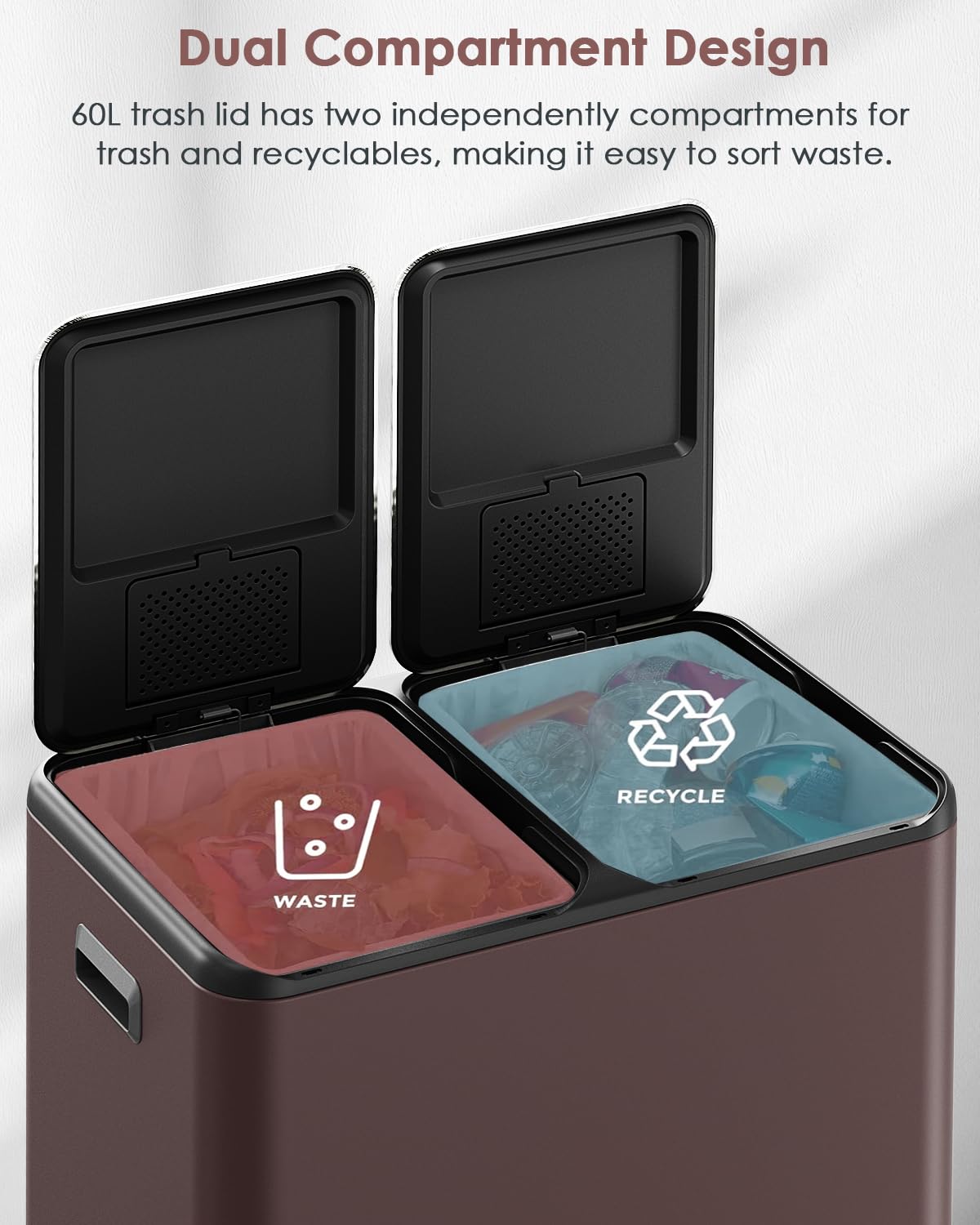 Arlopu 16Gal Dual Trash Can w/2 Built-in Box for Odor Control, Hands-Free Kitchen Garbage Bin, Recycle Waste Dustbin, Soft-Close Lid, 2 Buckets,Foot Pedal, Side Handle, Airtight,for Home Office