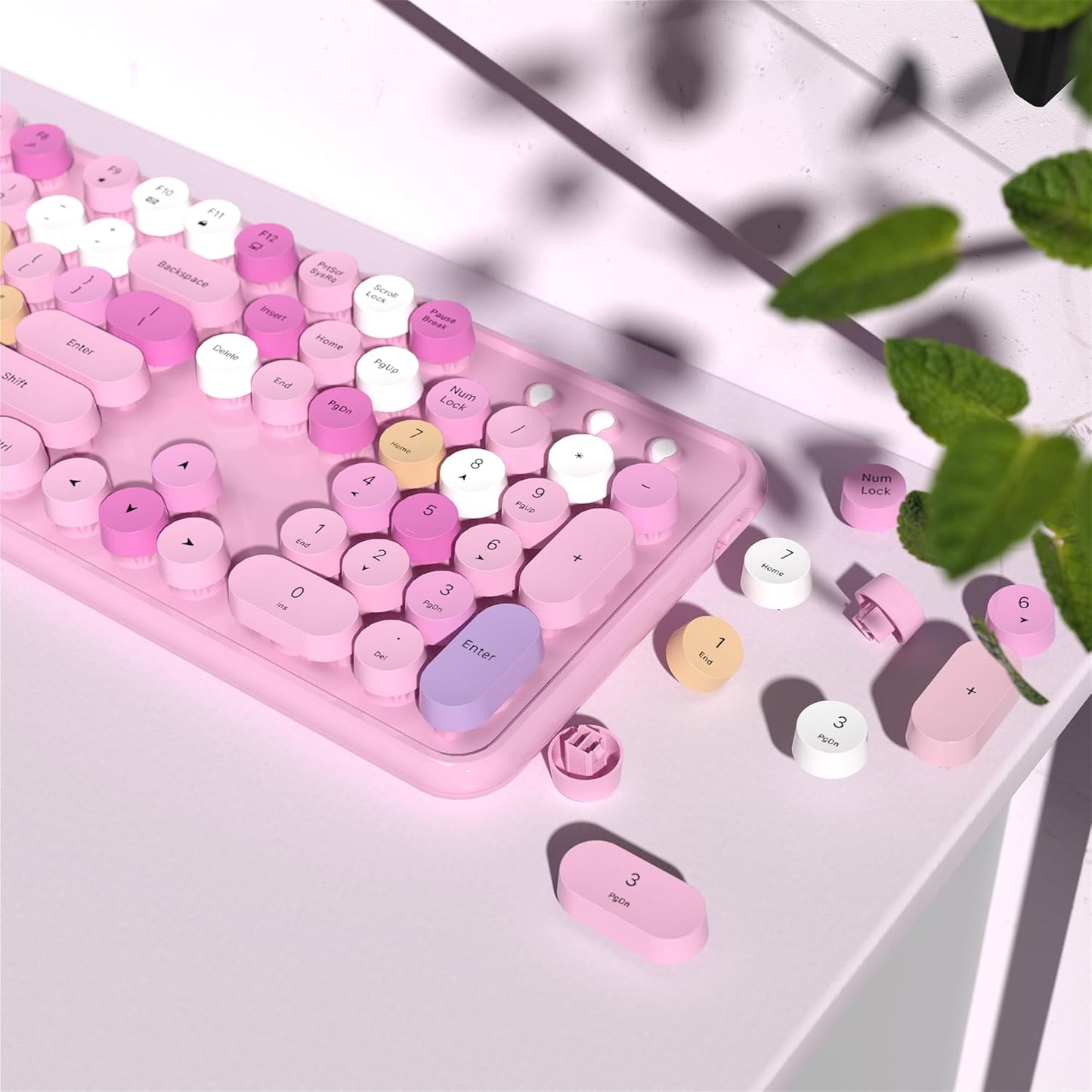 Colorful Wireless Keyboard and Mouse Combo, COVEVA 2.4GHz Wireless Retro Cute Round Keycaps Keyboard, 104 Keys Full-Sized Keyboard Mouse Set with Switch Button for PC Laptop Desktop (Pink Colorful)