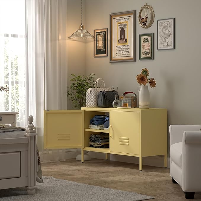 TV Cabinet,Metal Cabinet with Doors,Morden TV Stands for Bedroom,Accent Cabinets for Bedroom,Entryway,Yellow