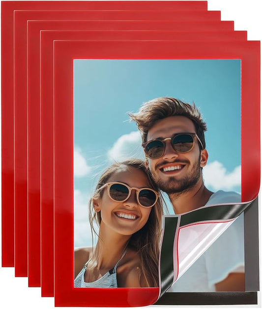 uxcell 5 Pcs Magnetic Sign Holder, 5" x 7" Self-Adhesive Magnetic Wall Signs Holder Magnetic Picture Frame Document Holder for Home Office Wall Window Displays, Red