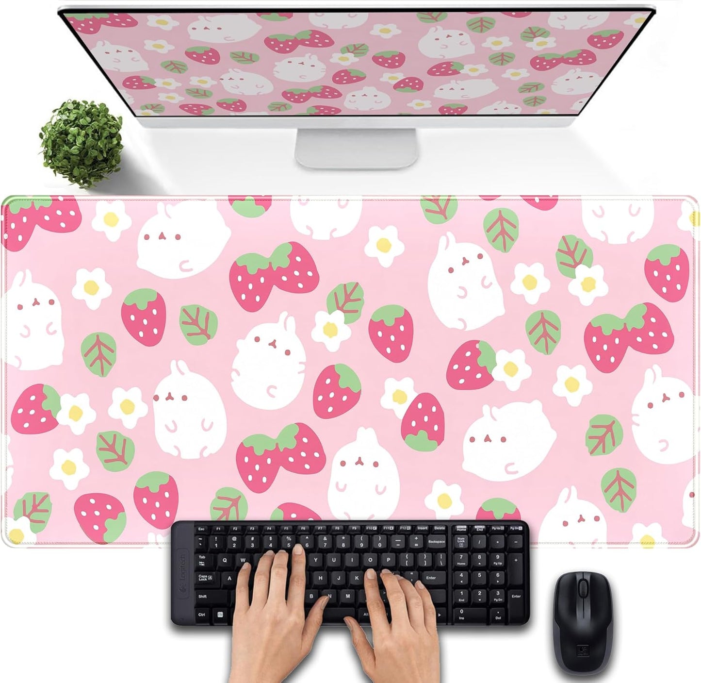 Pink Kawaii Desk Mat, Strawberry Field Desk Pad Large, Extended Mouse Pad Cute, XXL Laptop Computer Keyboard Mat Desktop Mouse Mat, Gaming Computer Pad Women Desk Decor Accessories 31.5"x15.75"