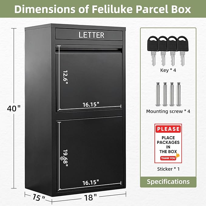 Package Delivery Boxes for Outside, Extra Large Capacity Modern Mailbox, Outdoor Freestanding Porch Box for Package (Black)