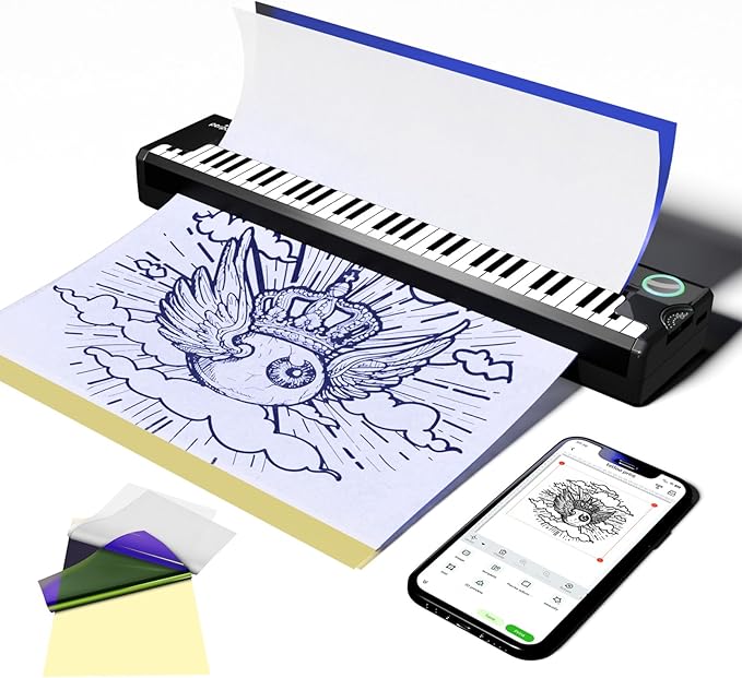 P90-Pino Wireless Tattoo Stencil Printer, Thermal Tattoo Machine with Inkless Tech, Inspired by Piano Design Portable Tattoo Printer Kit Compatible with Phone, Pad & PC