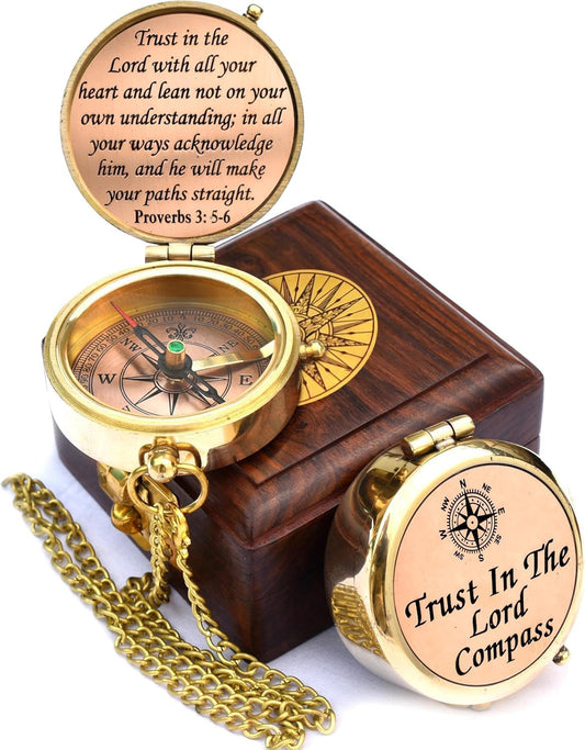Trust in The Lord With All Your Heart - Proverbs 3:5-6 Quote Engraved Compass With Wooden Box, Greeting Card, Gift Compass, Graduation Day Gifts 2024 for Women Men Boys Girls