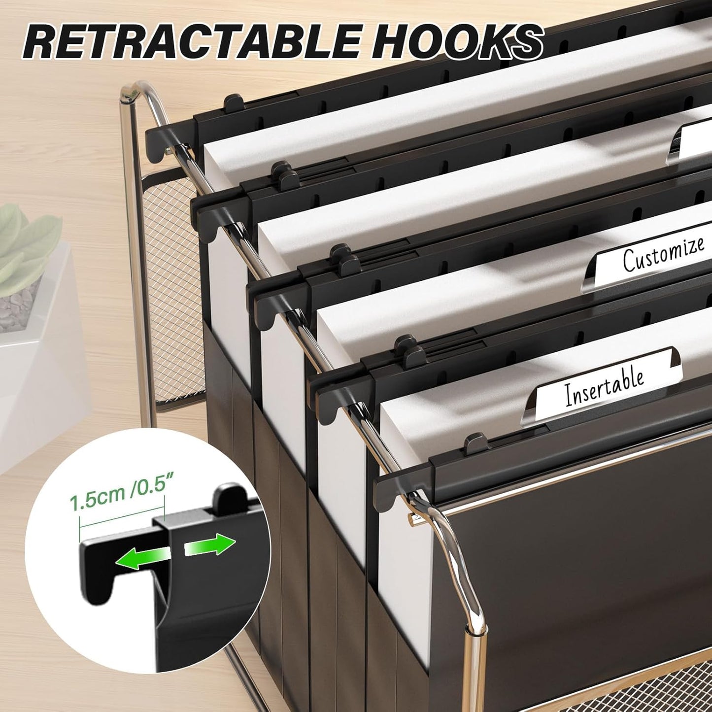 Ansook Extra Capacity Plastic Hanging File Folders,2" Expanding Accordian Pocket with Black Insert Gasket,Heavy Duty for Filing Cabinet, Hard Hang Folders Organizer, Black,Letter Size,6 Pack