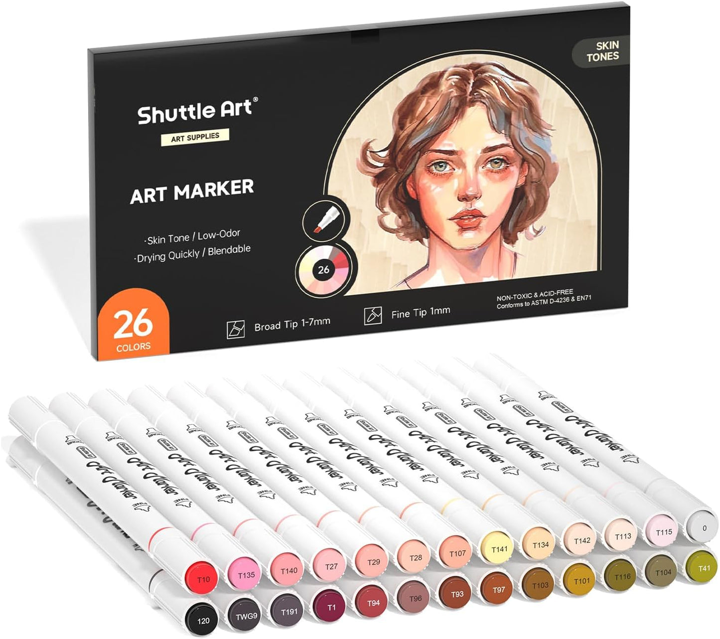 Shuttle Art 26 Colors Skin Tone&Hair Art Markers, Dual Tip Alcohol Based Flesh-Color Marker Pen Set Contains 1 Blender Perfect for Kids & Adults Portrait,Comic, Anime, Manga, Illustration