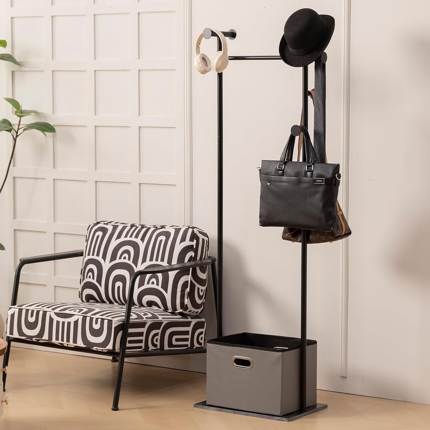 Coat Rack Freestanding with Storage Basket Heavy Duty Clothes Rack Marble Base Modern Coat Stand for Bedroom Living Room Hotel 13.39" D x 19.69" W x 68.9" H (Black)