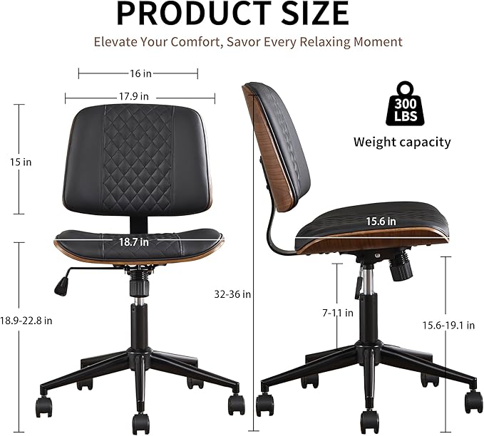 Small Home Office Chair - Armless Mid Back Desk Chair with 360° Swivel and Wheels, PU Upholstered Height Adjustable Modern Walnut Computer Chair for Home, Office Meeting Room - Black