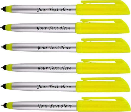 Personalized Pens with Highlighter and Stylus -250 Pack Bulk-Free Imprint - 3 In Highlighter, Ballpoint Pen, and Stylus Combo- add Custom Business Name, Logo or Gift Message- Yellow