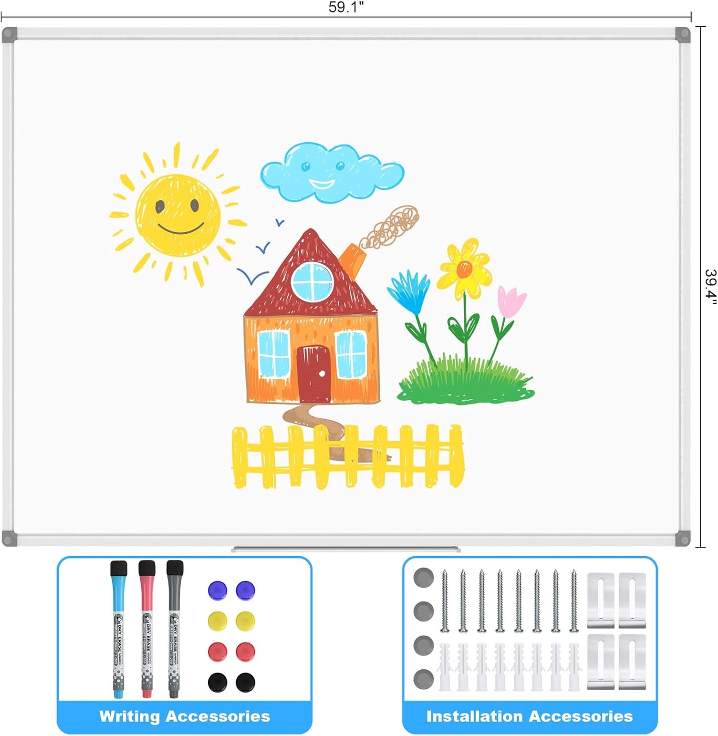 Lockways Large 60" x 40" Magnetic Dry Erase White Board - Wall Mounted Whiteboard with Pen Tray, Aluminum Message Presentation Memo Board for Office & School
