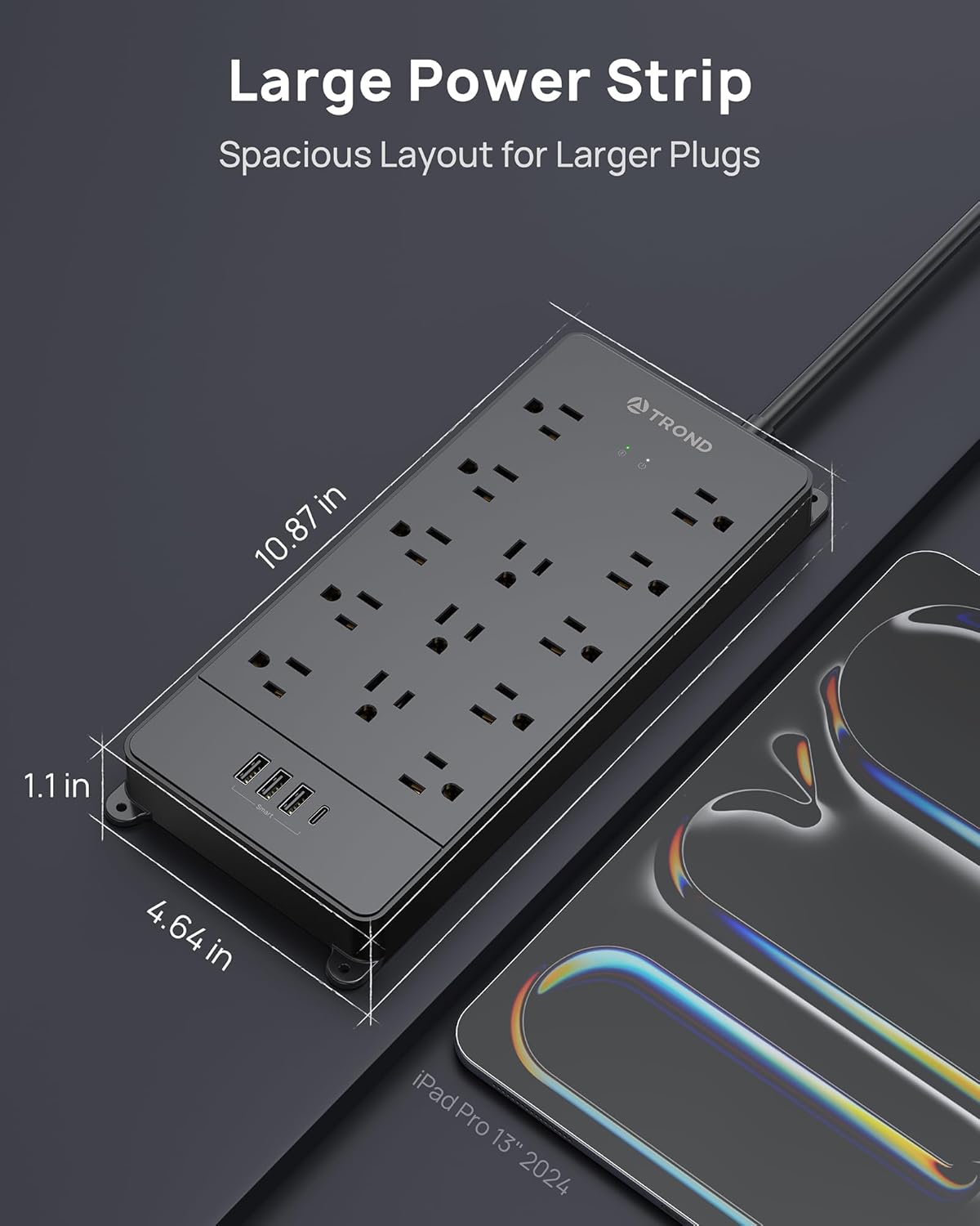 TROND Surge Protector Power Strip 15 ft Cord - Long Extension Cord, 13 Widely-Spaced Outlets Expansion with USB C Ports, 4000 Joules, Flat Plug, Wall Mount, ETL Listed, Office Desk Accessory, Black