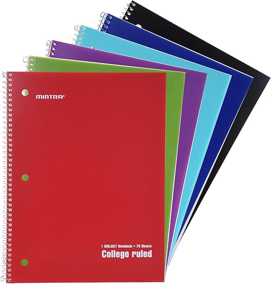 Mintra Office Spiral Notebooks - 1 Subject, 70 Sheets, College Ruled, 8in x 10in, Bulk Pack, PRIMARY Color Covers, Set of 6 - for School, Office, Business, Professional (4657)