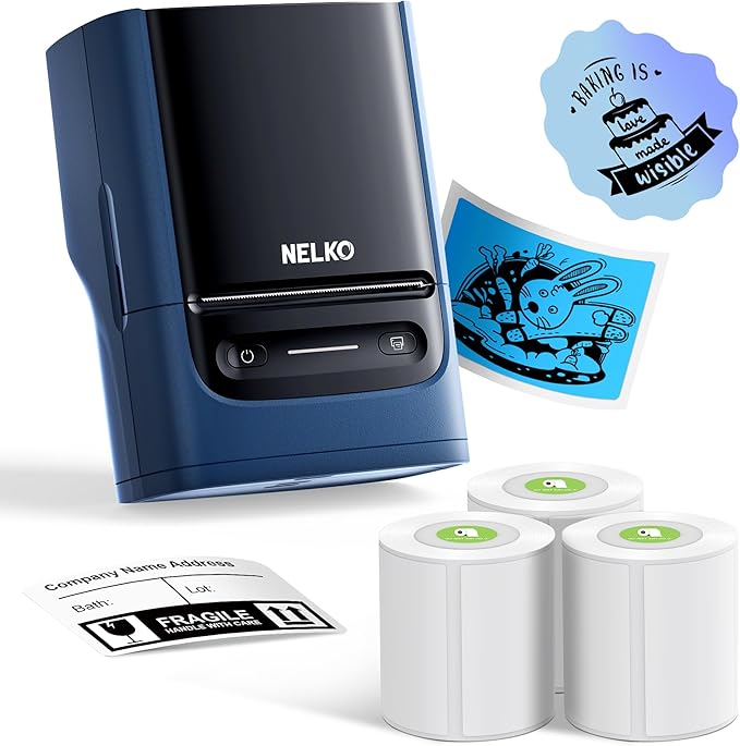 Nelko Label Maker Machine with Tape, PM220 Bluetooth Label Printer, 2 Inch Portable Thermal Printer for Small Business, Logo, Clothing, Sticker Printer for Phones & PC, with 3 Labels, Deep Blue