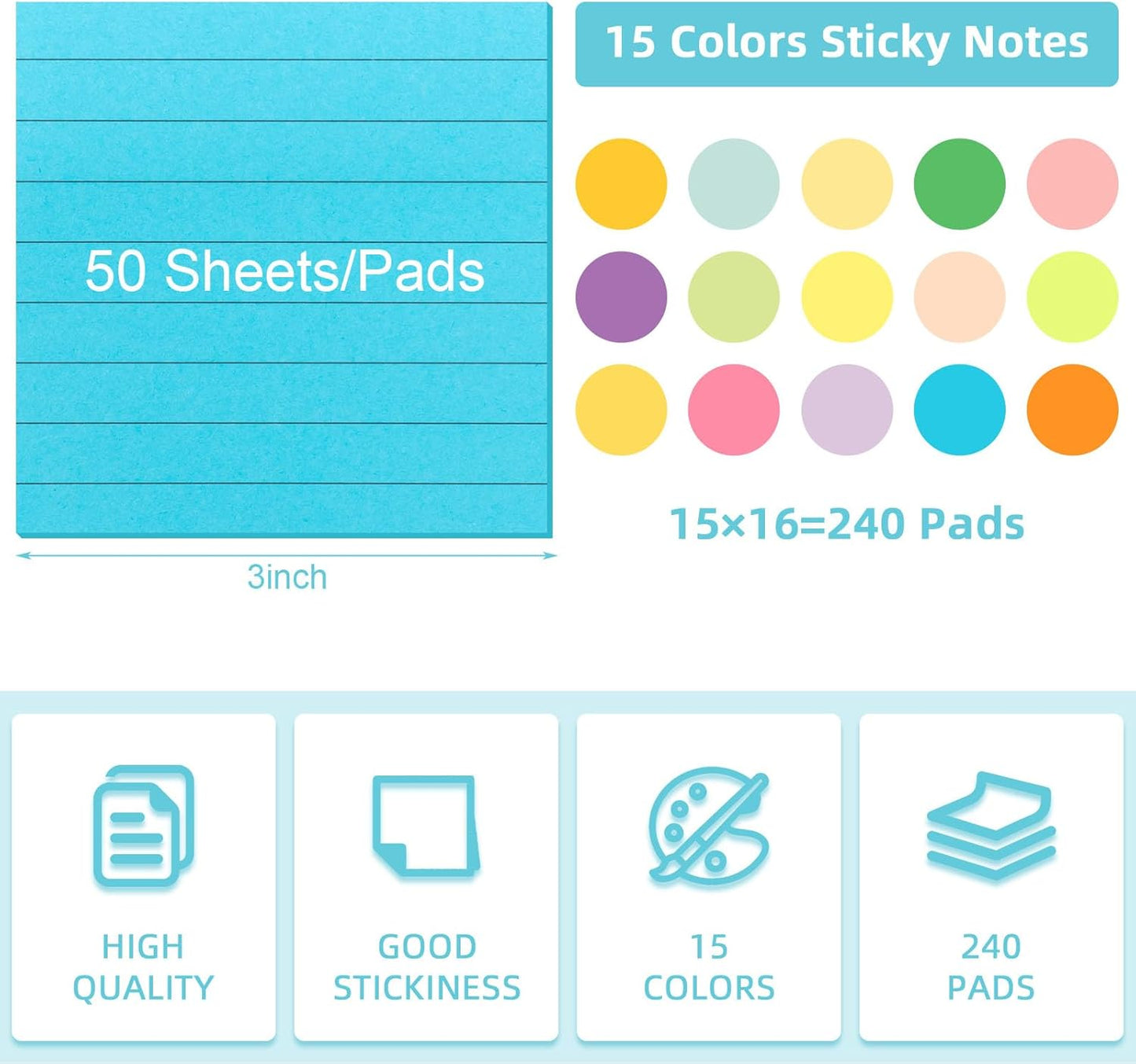 Seajan 240 Pads 3 x 3 Inch Sticky Notes Notepads Multi Bright Colors Self Sticky Pads for Students Teachers School Office Supply Desk Accessory 15 Colors, 50 Sheets Each(Neon,Line)