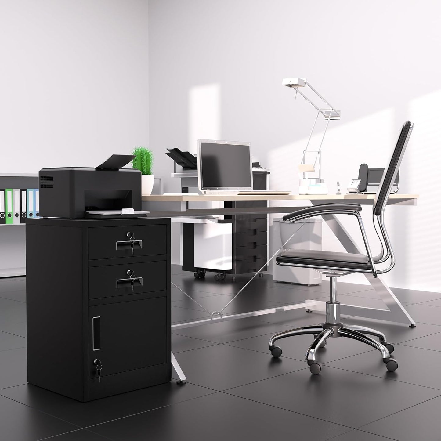Metal Storage Cabinet with Locking Door and 2 Lockable Drawers for Home Office Bedroom Living Room (Black)
