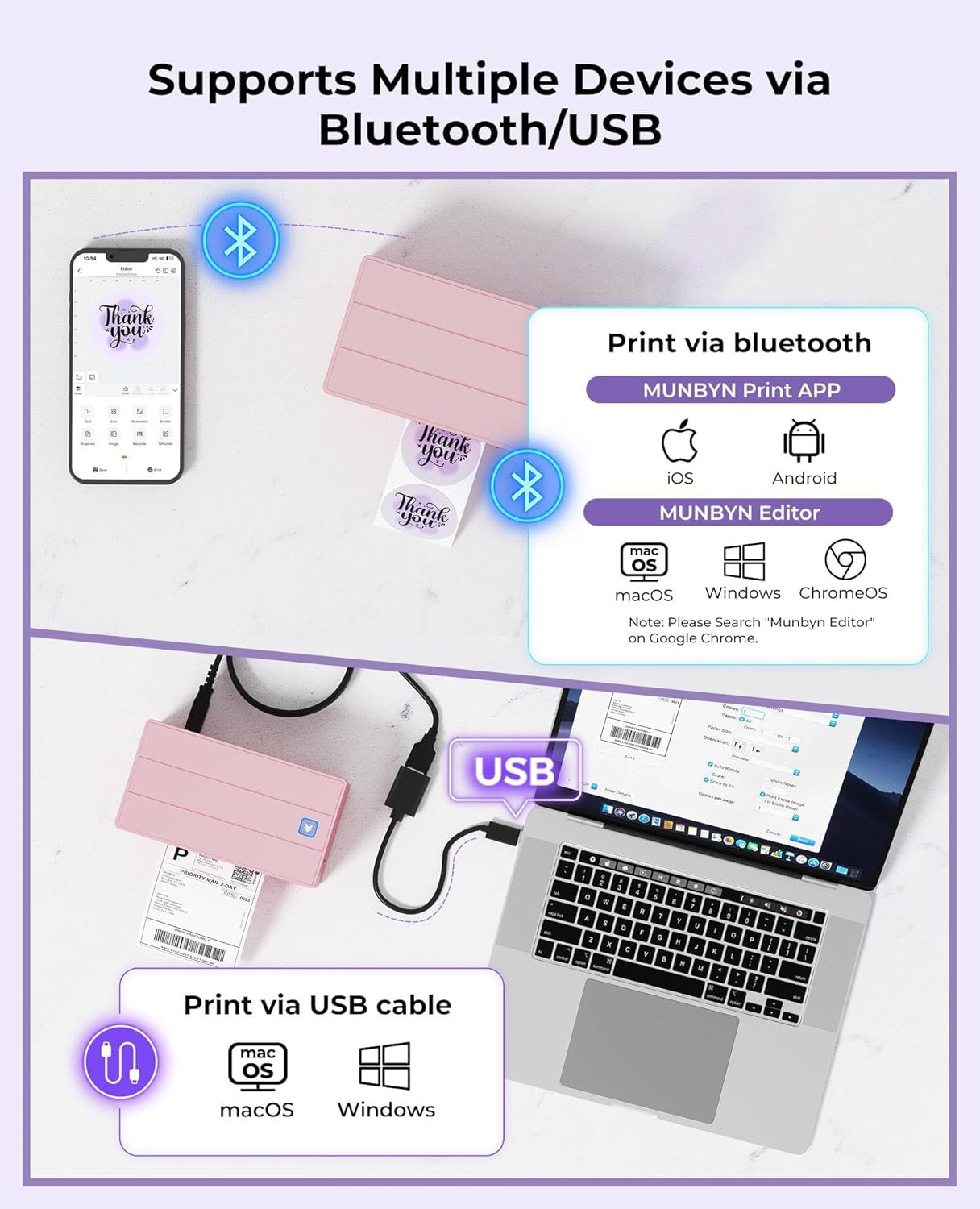 MUNBYN Bluetooth Thermal Label Printer, 130B Wireless 4x6 Shipping Label Printer for Shipping Packages Small Business Office or Home, Compatible with iPhone Android iPad Windows macOS Chrome Etsy eBay