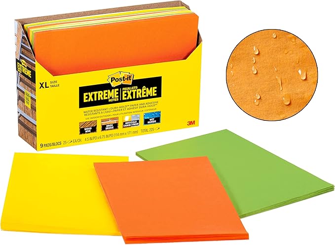Post-it Extreme XL Notes, Works Outdoors, Works in 0-120 Degrees Fahrenheit, 100X The Holding Power, Orange, Yellow, Green, 25 Sheets per Pad, 9 Pads/Pack (EXT456-9CT)