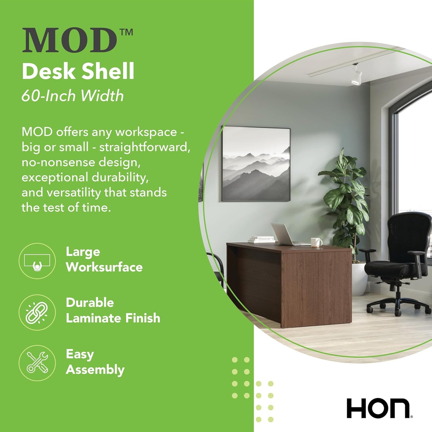 HON MOD Executive Desk 60-Inch Large Computer Desk Shell, Thick Wooden Laminate, Modern Table with Cord Management, 60" W x 30" D x 29" H, Walnut