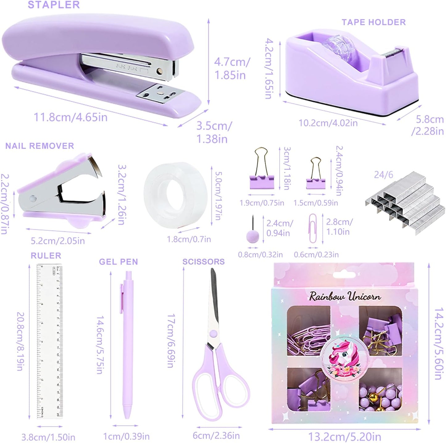 Desk Accessories with Pen Holder, Office Supplies Desk Organizers and Accessories, Tape Dispenser, Stapler, Staple Remover, Staples, Clips Set, Ruler, Scissor, Pen, Tape (Purple)