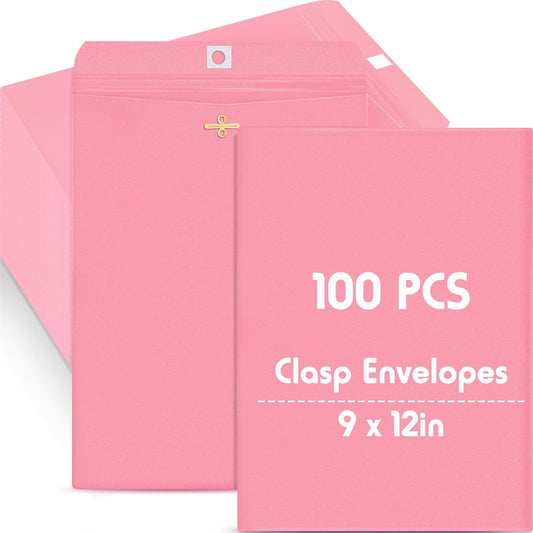 Geyee 100 Pcs Clasp Manilla Envelopes 9 x 12 Inch Gummed Colored Envelopes for Storing or Mailing for Home Office Business Supplies(Cherry Color)