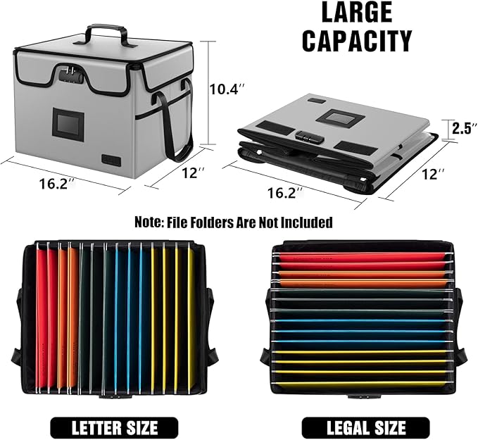 AMBOR File Box with Lock, Fireproof Document Box with 5 Tabs & Inserts, Collapsible File Organizer with Handle for Letter & Legal Size Folder/Certifications/Books Storage, Grey