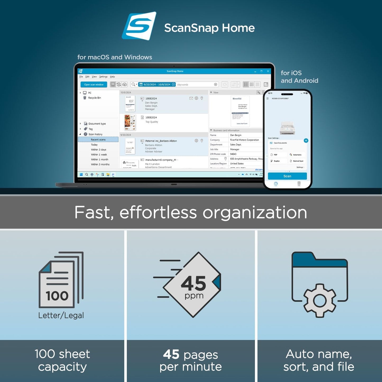 ScanSnap iX2500 Wireless or USB High-Speed Cloud Enabled Document, Photo & Receipt Scanner with Large 5" Touchscreen and 100 Page Auto Document Feeder for Mac or PC, Black