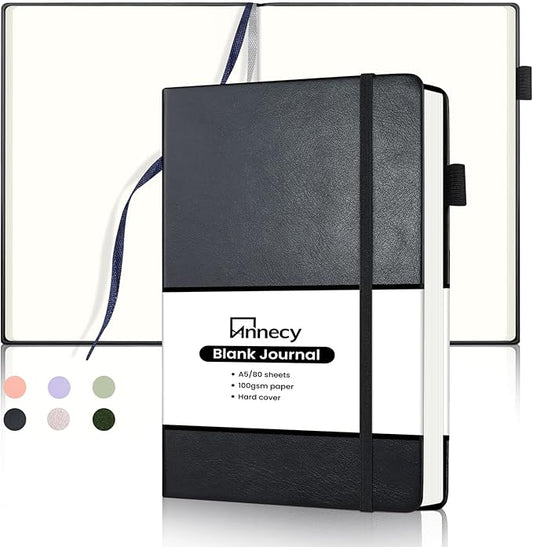 Annecy Blank Journal Notebook, Medium 5.5x 8.25, 160 Pages 100GSM Writing Paper, A5 Black Faux Leather Cover with Pen Loop