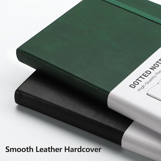 RETTACY Bullet Dotted Journal Notebook, 2-Pack, 160 Numbered Pages per Pack, A5 Medium Size (5.7'' x 8.3''), 120 GSM Thick Paper, Leather Hardcover, for Bullet Journaling (Black & Black)