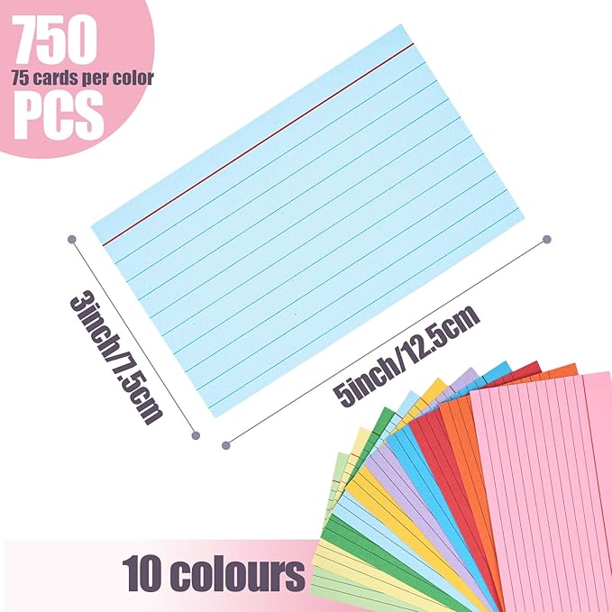 Koogel Index Cards 3 x 5 Inch, 750 Count, Ruled on both Sides, 10 Assorted Colors, Note Cards for Studying School Supplies, Office Organization