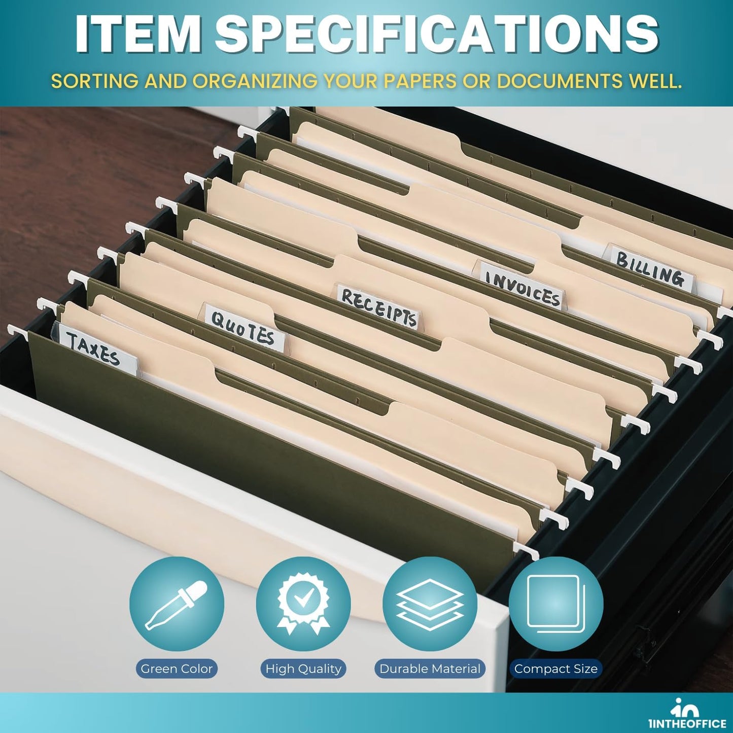 1InTheOffice Green Hanging File Folders Letter Size, Hanging Organizer File Folders, Green Hanging Folders, 1/3 Tabs, 11 pt, 50 Pack