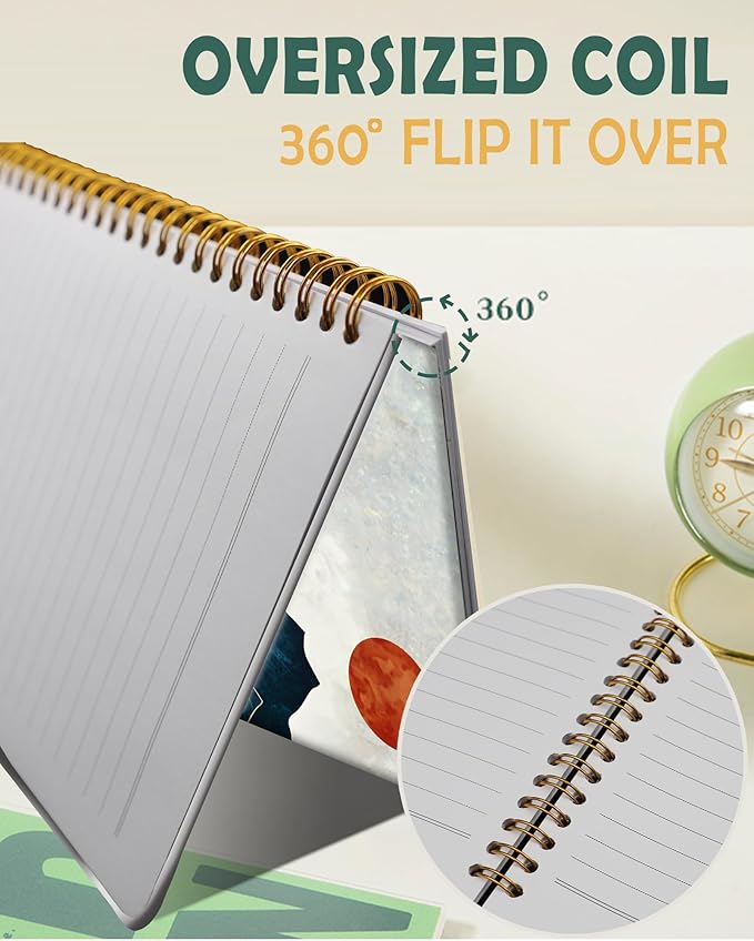 Ruled Spiral Writing Notebook,A5 Hardcover Lined College Journal for Women Lady,Fashion Puppy Watercolor Strong Twin-Wire Binding with Premium Paper,8.4" X 6",Perfect for School,Office,Home Gifts(Abstract Mountain Sun)