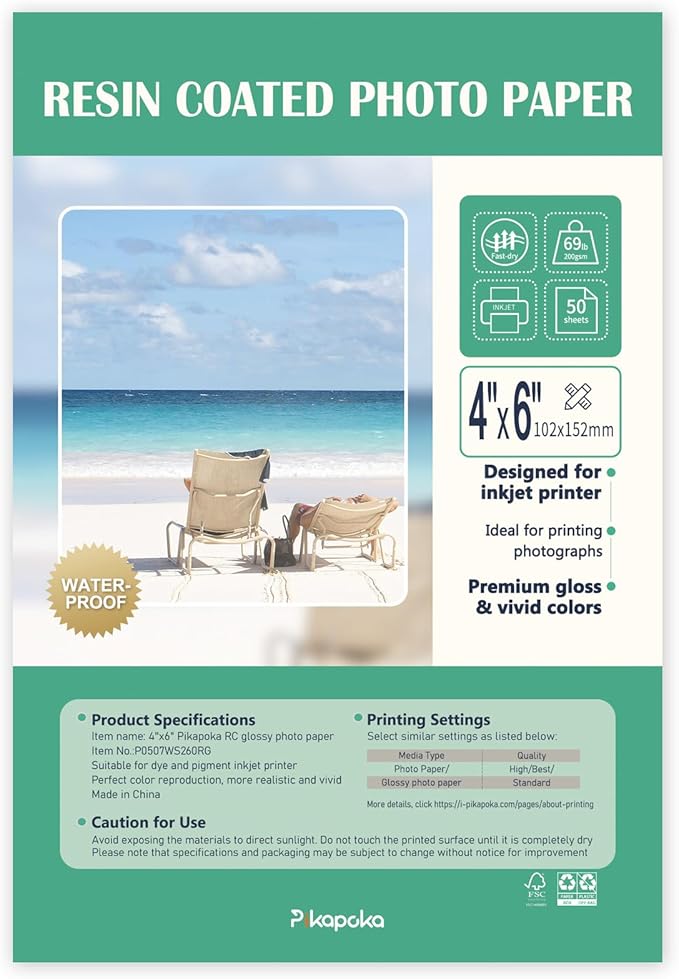 Ultra-Premium Glossy RC Photo Paper, Professional and Heavyweight Metallic Resin Coated Photo Paper, Pigment and Dye Inkjet Printer Suitable, Waterproof, 4x6, 50 Pack