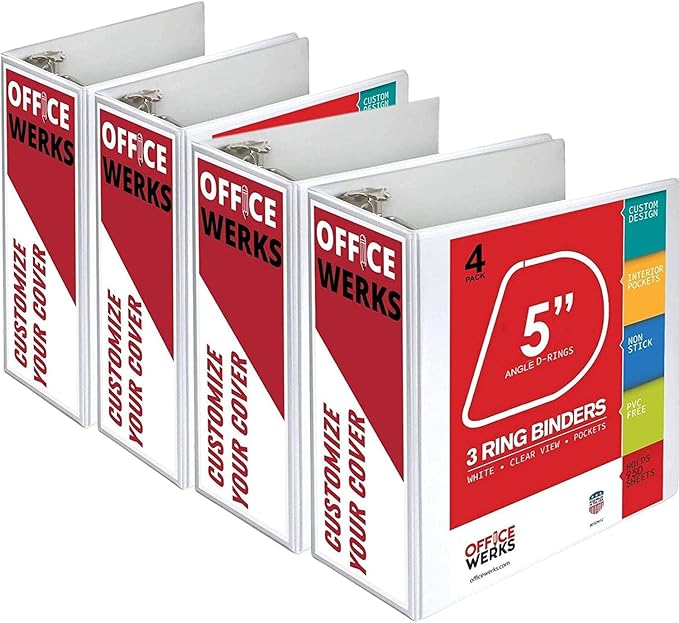 3 Ring Binder, Professional D Ring Binder 5 Inch, Presentation Folder for Standard Pages 8.5 x 11 with Pockets, Crystal Clear View White Binder (4 Pack)