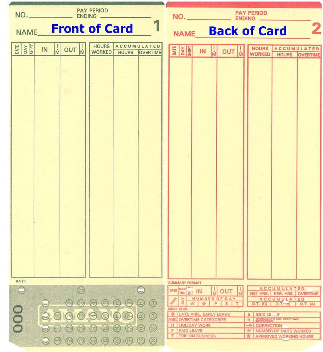 (400) Amano MJR-7000 and MJR-8000 Time Clock Cards, 000-099 Number Series