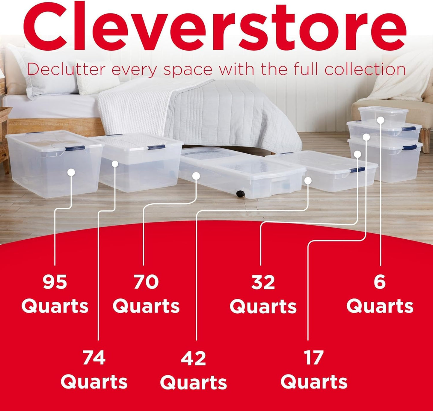 Rubbermaid Cleverstore Under the Bed 70 Qt Wheeled 2-Pack, Clear Storage Bins with Lids, Stackable, BPA-Free, Made in USA