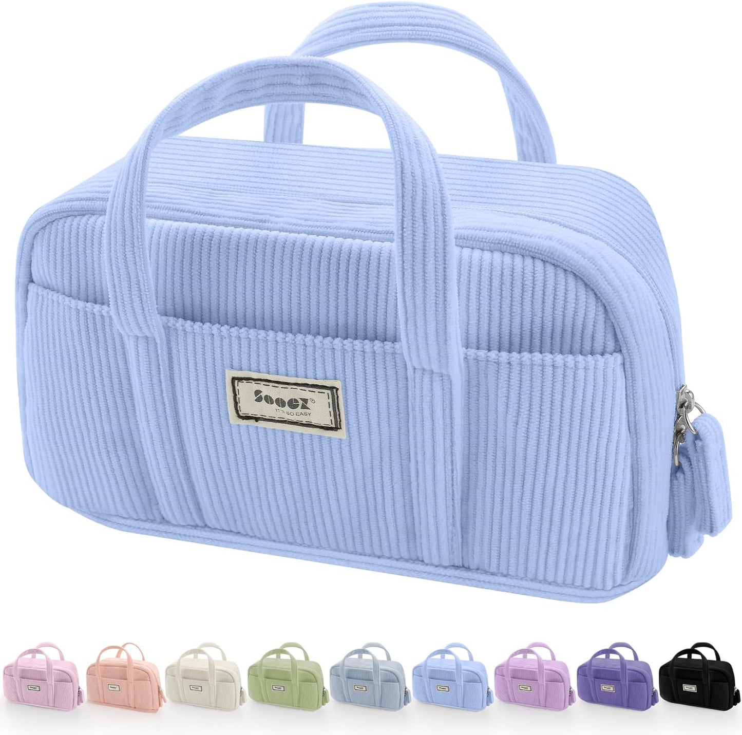 Sooez Large Pencil Case Pouch, Extra Big Pencil Bag with 5 Compartments, Pen Bag Wide Opening, Soft Corduroy Pencil Pouch Organizer with Zipper, Cute Aesthetic School Supplies for Teen Girls-Sky Blue