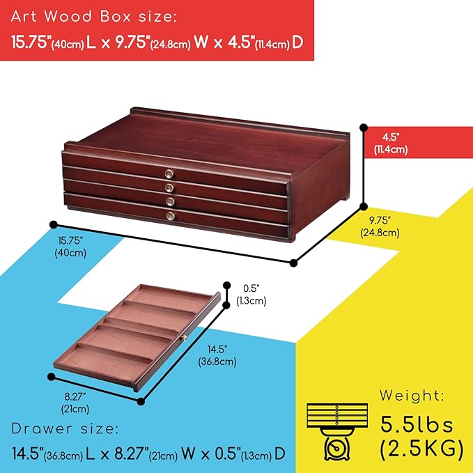 MEEDEN 4-drawer Wood Artist Supply Storage Box, Portable Beechwood Multifunctional Pencil Brush Organizer Wood Box with Drawer&Compartments for Pastels, Pencils, Pens, Makeup Brushes(Mahogany Color)
