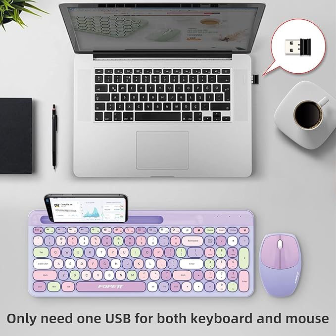 FOPETT Wireless Keyboard and Mouse Combo, 100 Keys Full-Sized 2.4 GHz Round Keycap Colorful Keyboards, USB Receiver Plug and Play, for Windows, Mac, PC, Laptop, Desktop (Purplecolorful)