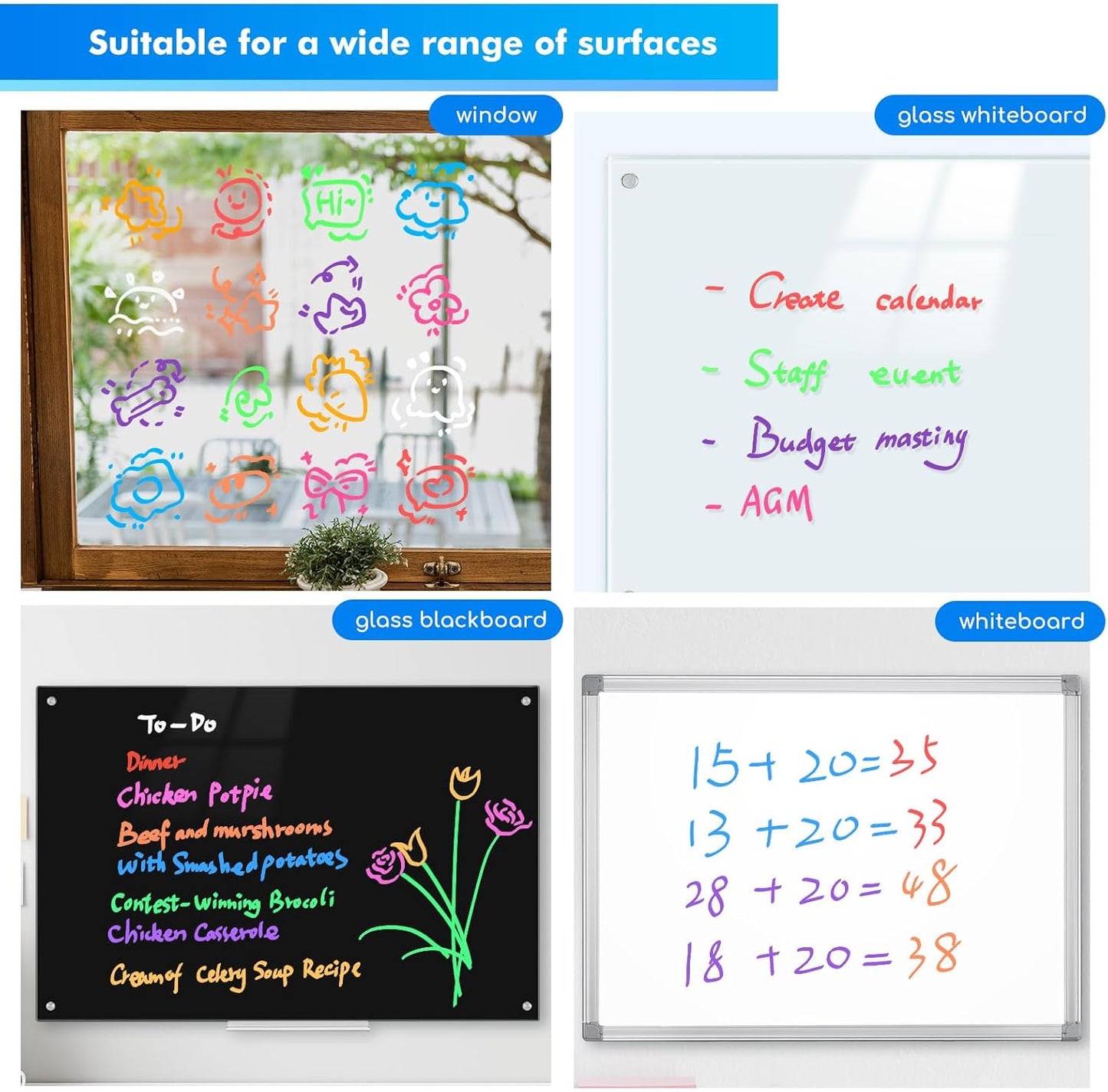 maxtek Neon Dry Erase Markers for Glass,Window Markers for Dry Erase Board,Chalkboard,LED Note Board,Acrylic Refrigerator Calendar,Bullet Tip,Low Odor,Assorted Colors,9 Count