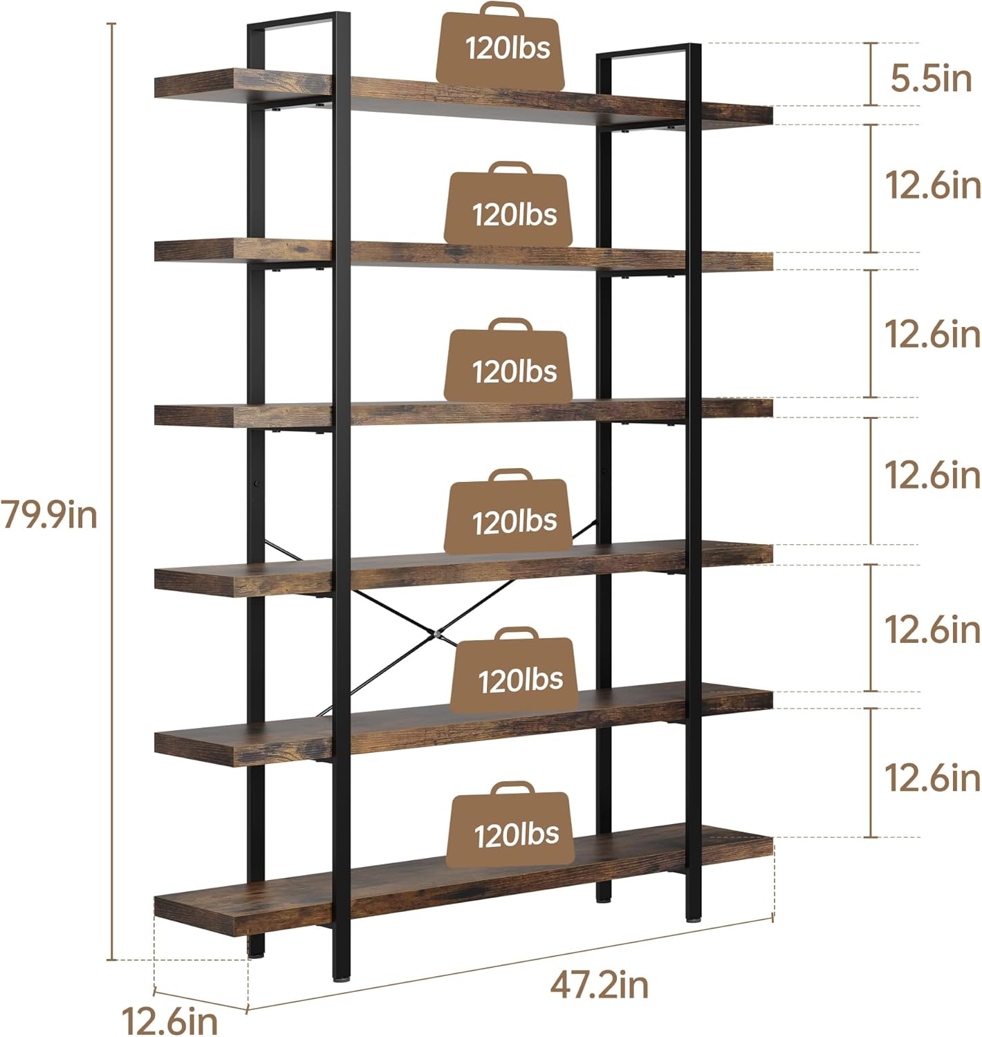 Heavy Duty 6-Tier Industrial Bookcase, 47" Wide Wood Bookshelf for Home Office, 120lbs Shelf Capacity, Rustic Open Shelving Display with Reinforced Horizontal Shelf for Living Room Bedroom