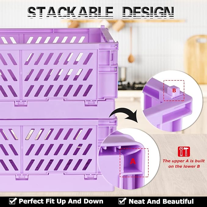 Tixill 2-Pack Mini Foldable Plastic Baskets for Organizing and Storage, Collapsible Storage Crate for Home Kitchen Bedroom Bathroom Office (9.8x6.5x3.8, Purple)