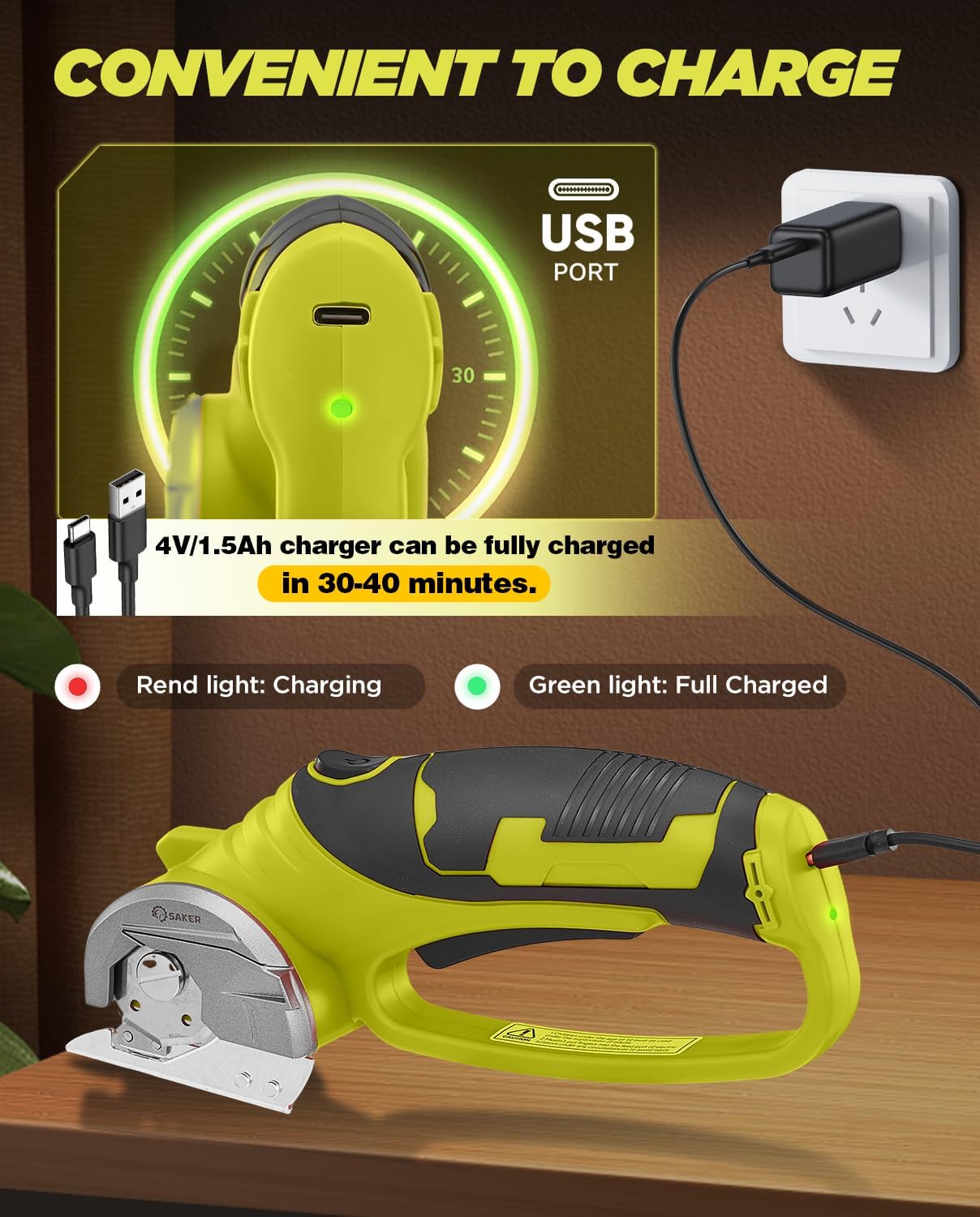 Saker Electric Box Cardboard Cutter,Cordless Elwetric Scissors for Fabric Leather Paper Plastic - Card Board Cutter Tool with 4V Recharged Battery - Safety Lock and LED Light for Cutting,Green