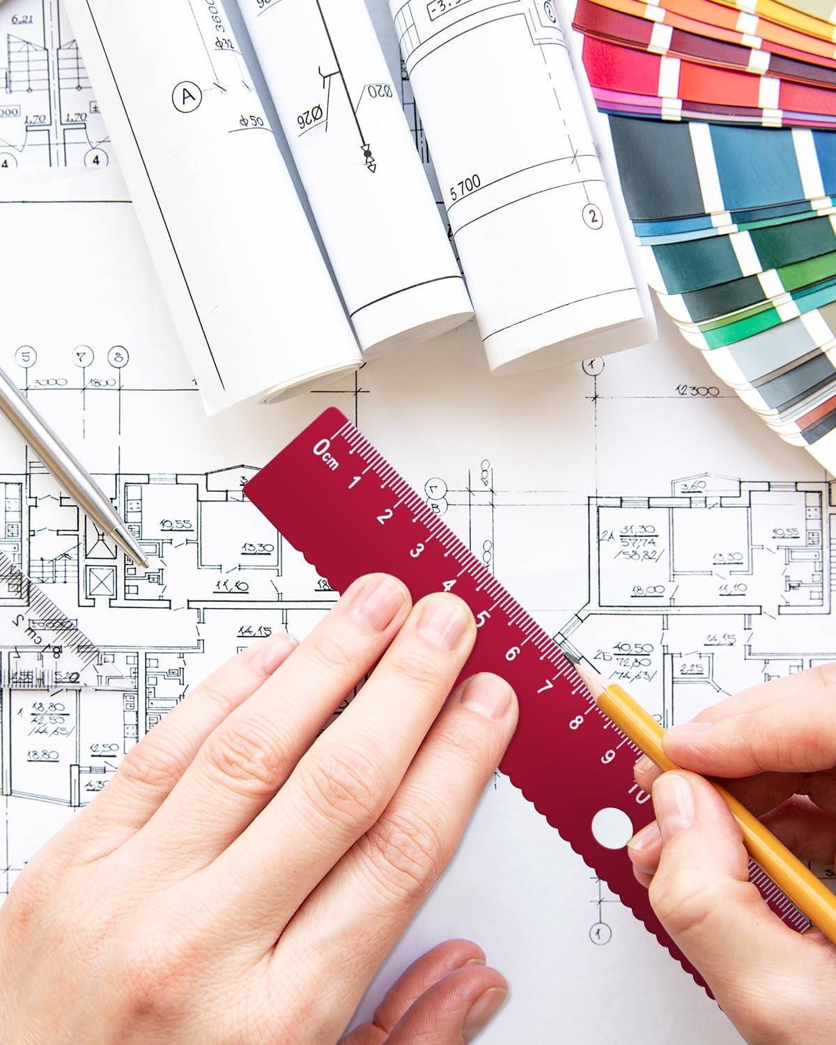 Honagu Triangular Ruler Set, 4+1Pieces Aluminum Alloy Ruler, Metal Drafting Ruler, Geometric Protractor for Students, School Office Supplies (Red, 20cm)