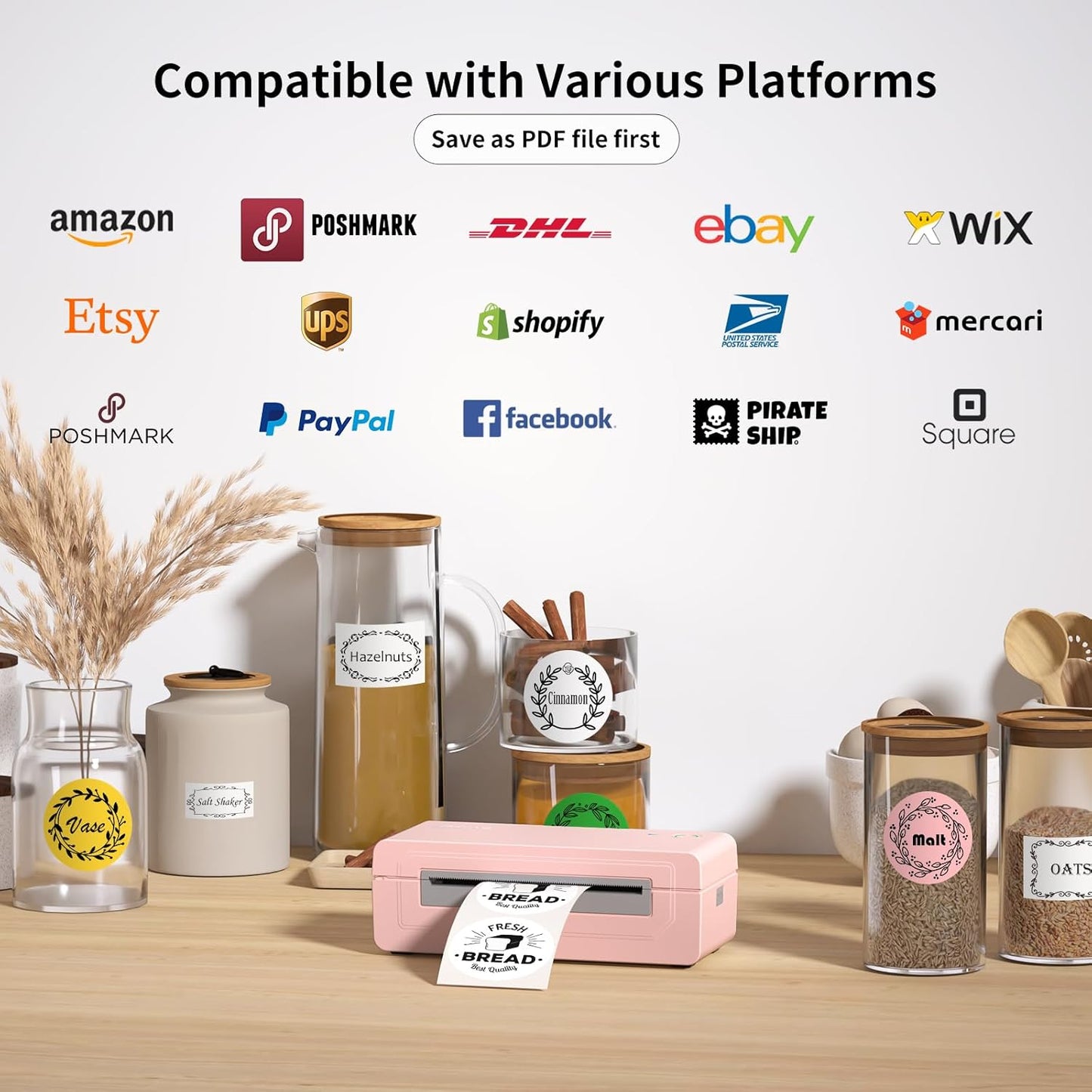 Bluetooth Thermal Shipping Label Printer, 4X6 Inkless Label Machine for iOS, Android, Laptop, Wireless Printer for Small Business, Compatible with Amazon, UPS, Shopify, Pink